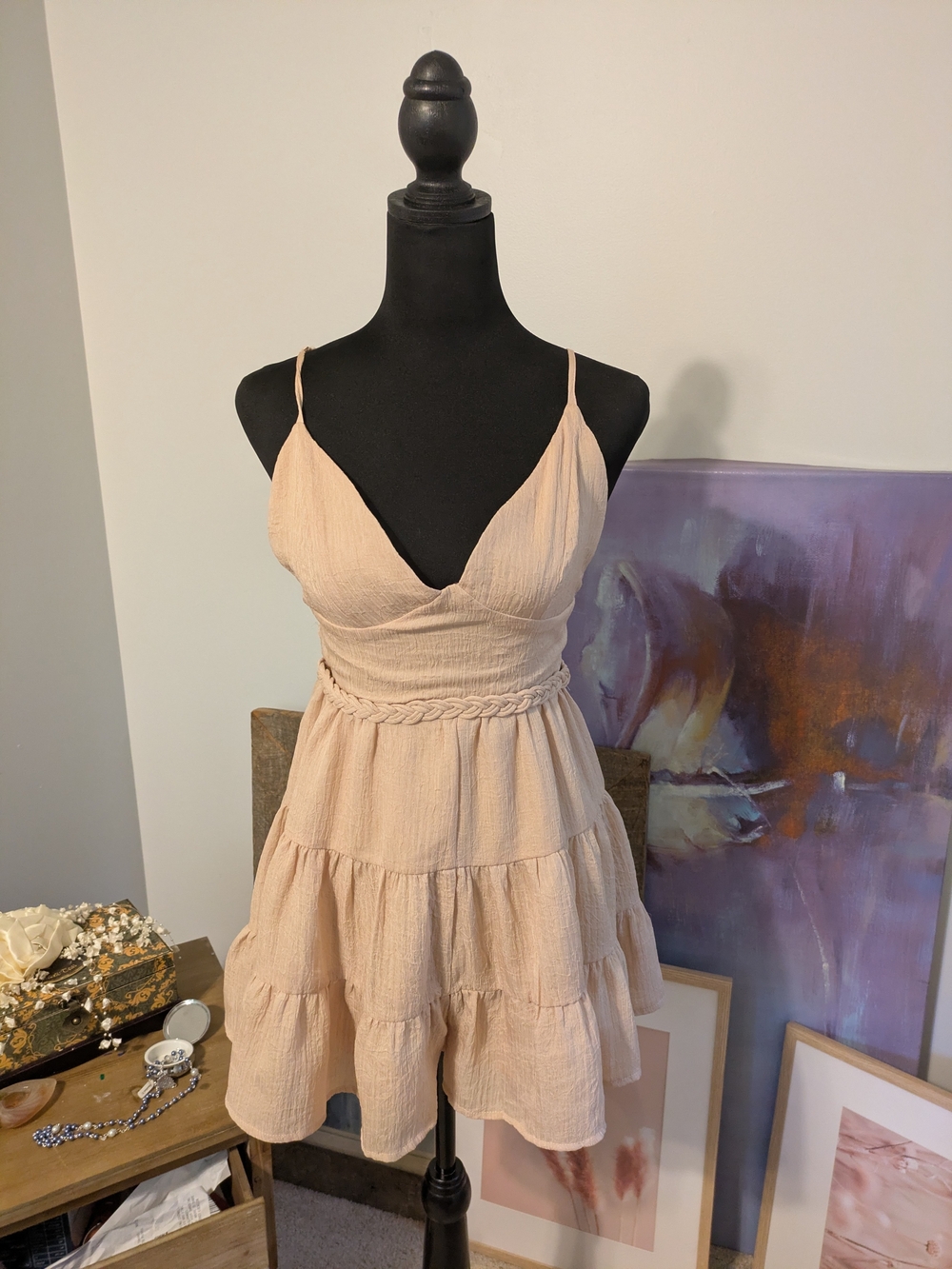 Storia Tiered Spaghetti-Strap Mini Dress To Size S Braid Waist Tie Back Bow